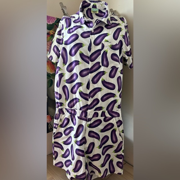 ZESTIES MALE ROMPER-EGGPLANT COTTON/SPANDEX BLEND, STRETCHY Sz. S. QUIRKY - Picture 1 of 10